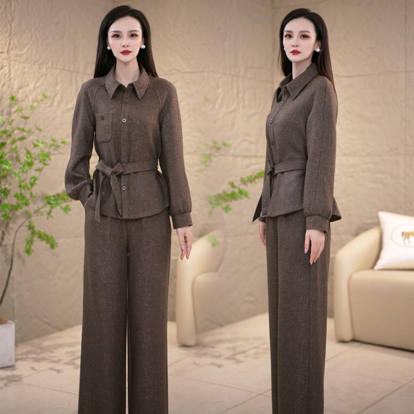 时尚气质长袖衬衫上衣阔腿裤两件套女2025春秋新款显瘦设计感套装