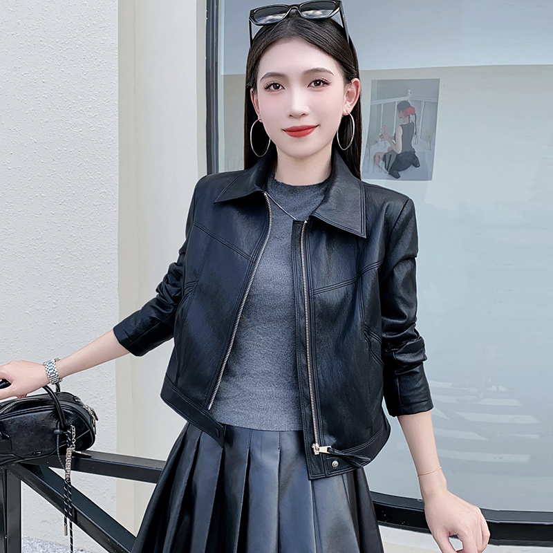 2025春秋新款小个子翻领短款皮衣外套女休闲洋气潮流皮夹克机车服