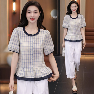时尚法式木耳花边格子短袖衬衫女夏季新款洋气质韩版百搭棉麻衬衣