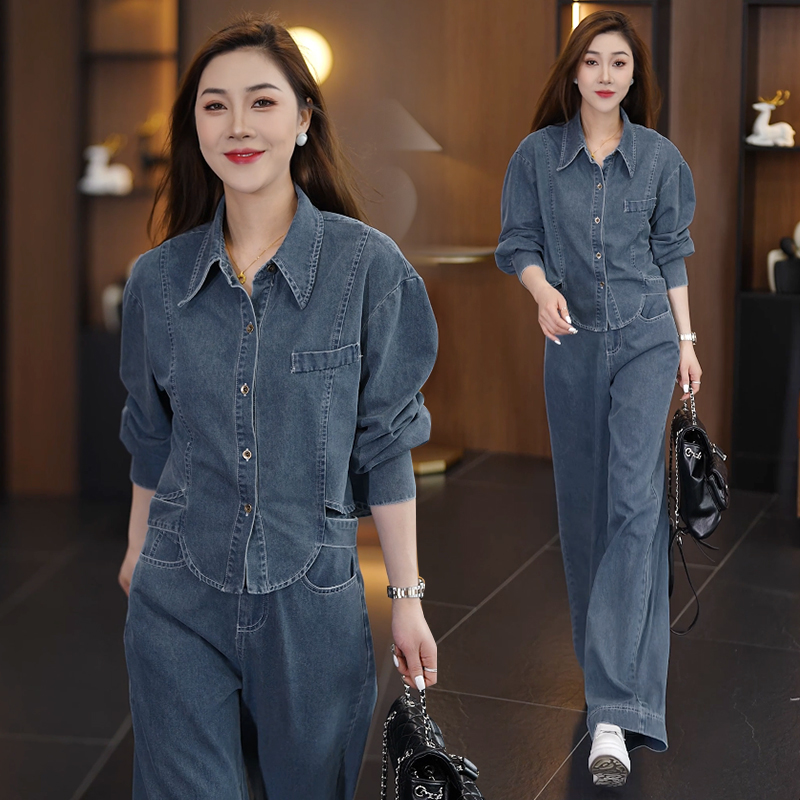 时尚休闲洋气质复古牛仔套装女士春秋季新款显瘦衬衣阔腿裤两件套