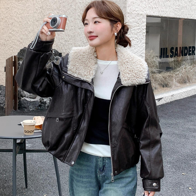 时尚保暖翻领皮衣外套女士冬季新款宽松洋气韩版短款加绒加厚上衣