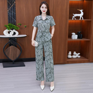 时尚翻领短袖衬衣阔腿裤两件套女夏季新款洋气质显瘦减龄时髦套装