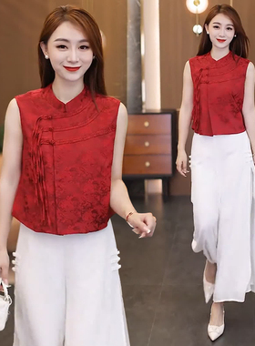 新中式国风立领盘扣无袖衬衣女士夏季新款洋气质显瘦百搭短款衬衫
