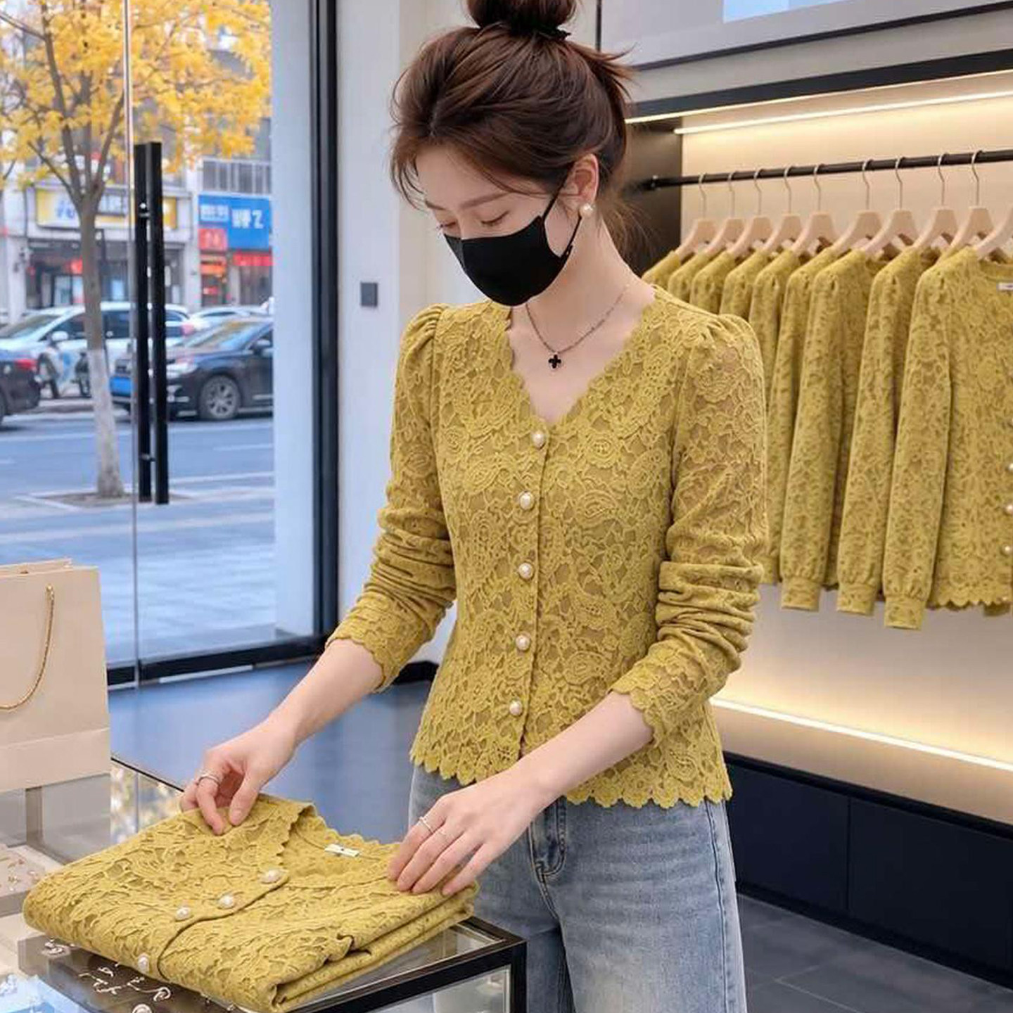 法式气质V领衬衫女秋季新款小个子修身显瘦洋气蕾丝拼接衬衣小衫
