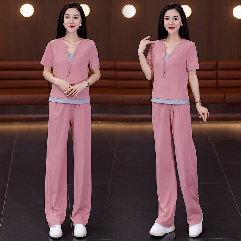 时尚休闲运动服套装女夏季新款减龄假两件冰丝短袖直筒长裤两件套