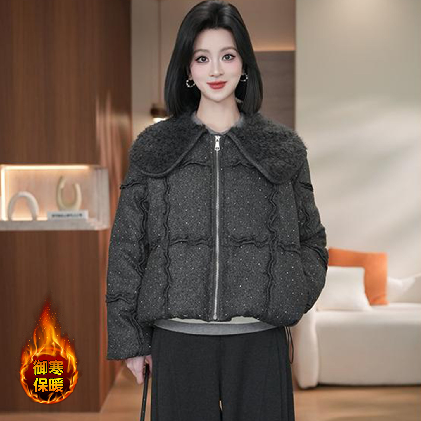 时尚洋气羊羔毛翻领短款棉服女士冬季新款宽松短款娃娃领棉衣外套,女装/女士精品,棉衣/棉服,淘宝优惠券,粉丝福利购,淘宝优惠卷