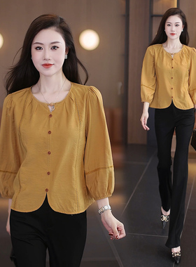 时尚休闲圆领九分袖衬衫女2026春秋新款洋气显瘦百搭减龄衬衣上衣