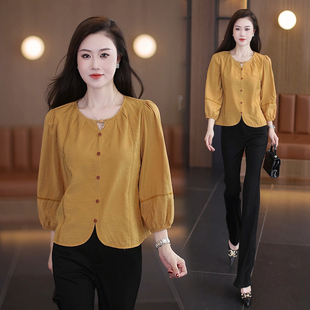 时尚休闲圆领九分袖衬衫女2026春秋新款洋气显瘦百搭减龄衬衣上衣