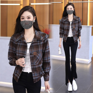 时尚休闲格子衬衫外套女春秋新款宽松显瘦洋气短款开衫小个子上衣