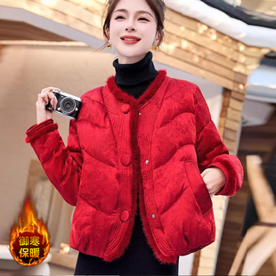 新中式国风圆领加厚羽绒服女士冬季新款水貂绒拼接提花设计感外套