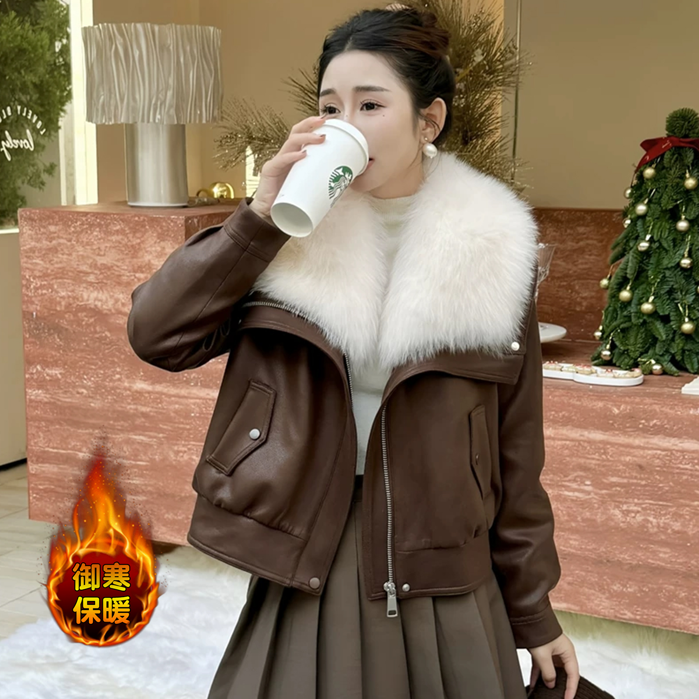 时尚大毛领短款皮衣外套女冬季新款宽松洋气时髦设计感保暖羽绒服