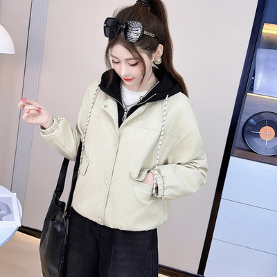 韩版连帽短款加厚皮衣外套女秋冬加绒宽松显瘦百搭假两件夹克开衫