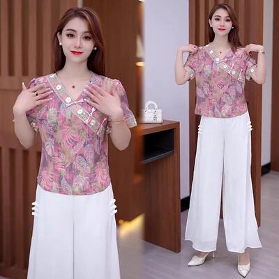 新中式国风盘扣V领短袖衬衫女夏季新款时尚气质显瘦百搭短款小衫