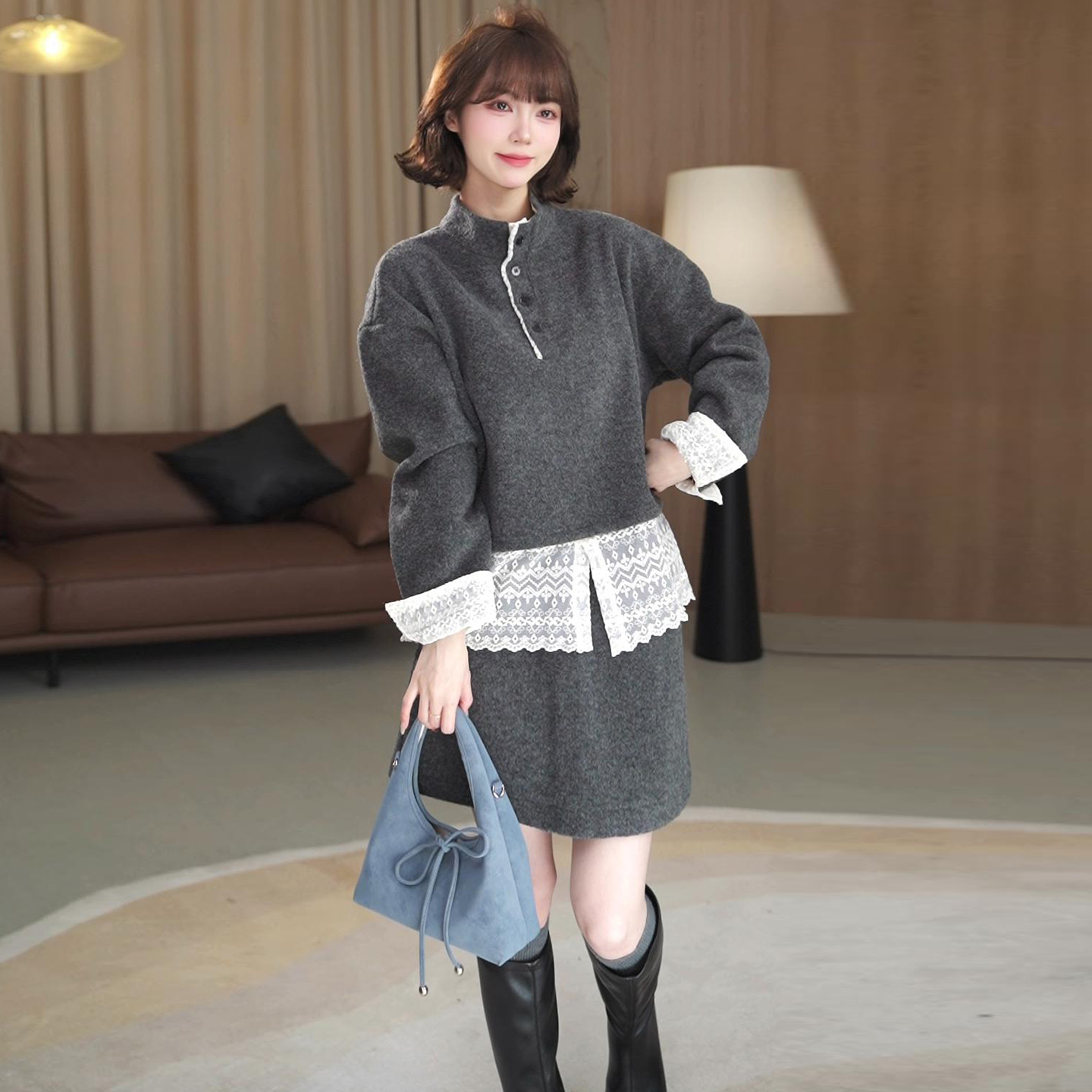 时尚韩版套装裙女2025秋冬新款设计感蕾丝拼接卫衣半身短裙两件套