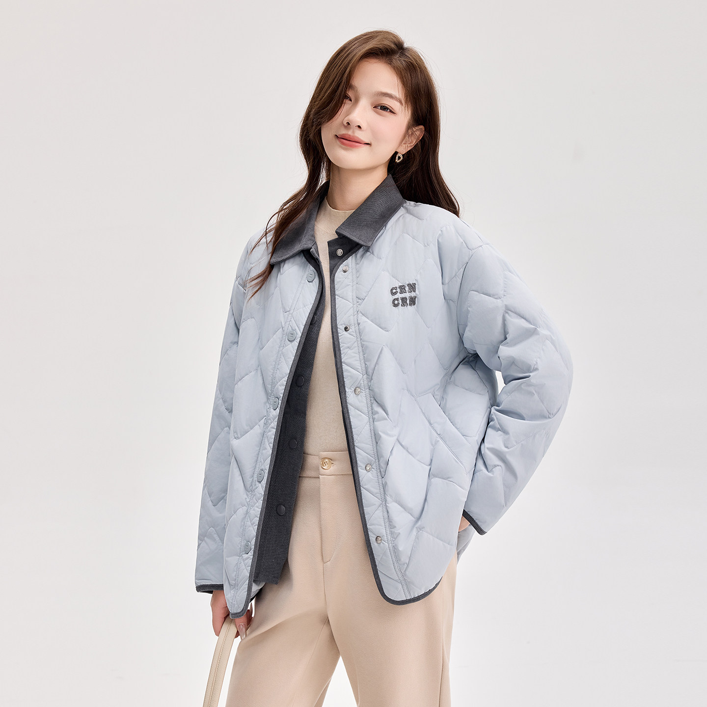 轻薄羽绒服女中长款2025冬季新款翻领菱格纹保暖假两件白鸭绒外套