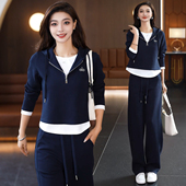 洋气假两件连帽卫衣直筒裤 休闲减龄运动套装 时尚 新款 两件套 女春季