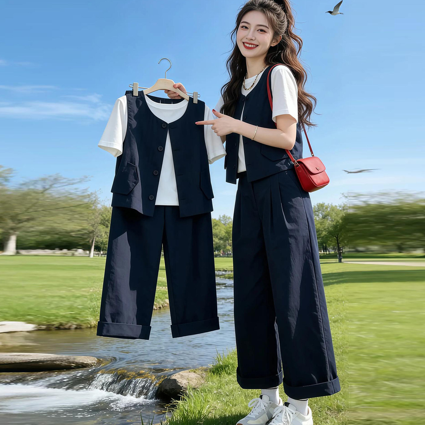 宽松休闲套装女夏季新款时尚洋气质减龄短袖T恤+马甲阔腿裤三件套