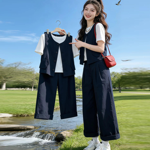 宽松休闲套装女夏季新款时尚洋气质减龄短袖T恤+马甲阔腿裤三件套