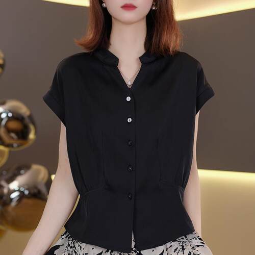 宽松休闲百搭短款短袖衬衫女夏季2025新款时尚洋气质减龄无袖衬衣