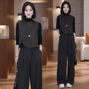 高级感时尚套装女士春秋新款洋气质半高领打底衫马甲阔腿裤三件套