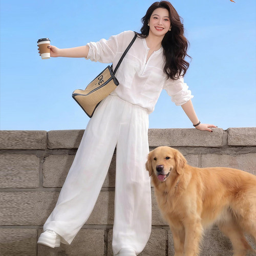 时尚休闲套装女2026夏季新款宽松洋气质遮肉显瘦衬衫阔腿裤两件套