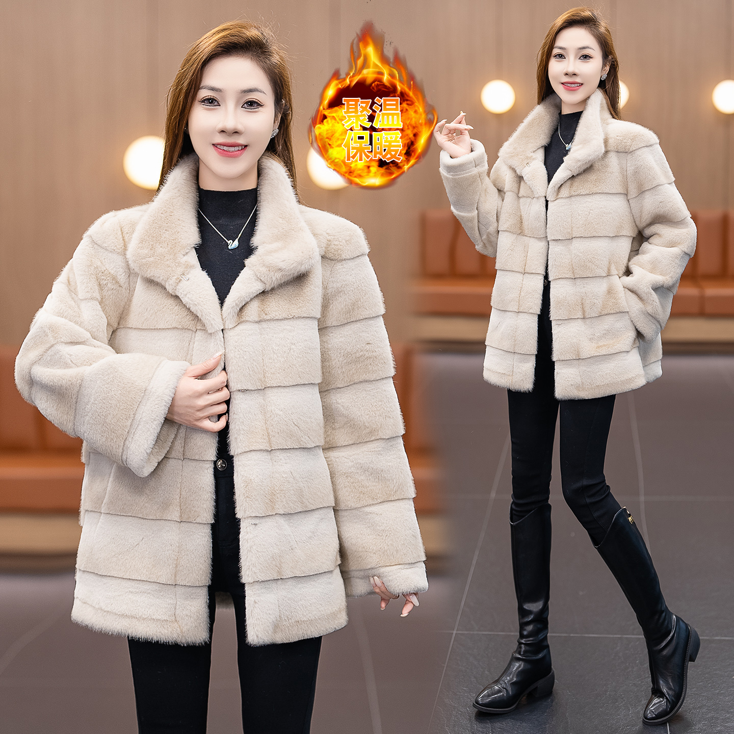 洋气质仿水貂绒皮毛一体外套女士冬装新款翻领加厚中长款皮草大衣