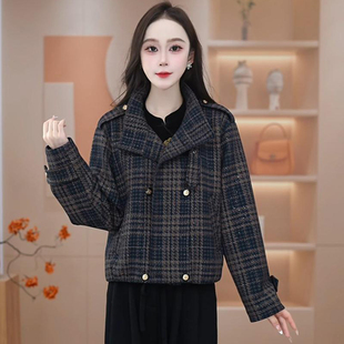 时尚洋气质短款毛呢料外套女2025春秋新款翻领复古格纹双排扣上衣