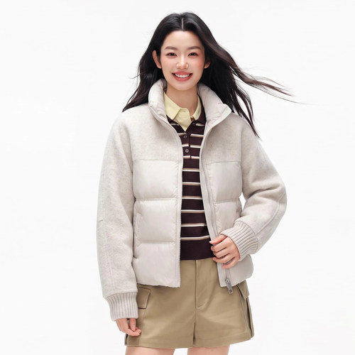 羊毛呢拼接羽绒服女2026冬季新款时尚百搭立领设计感保暖短款外套