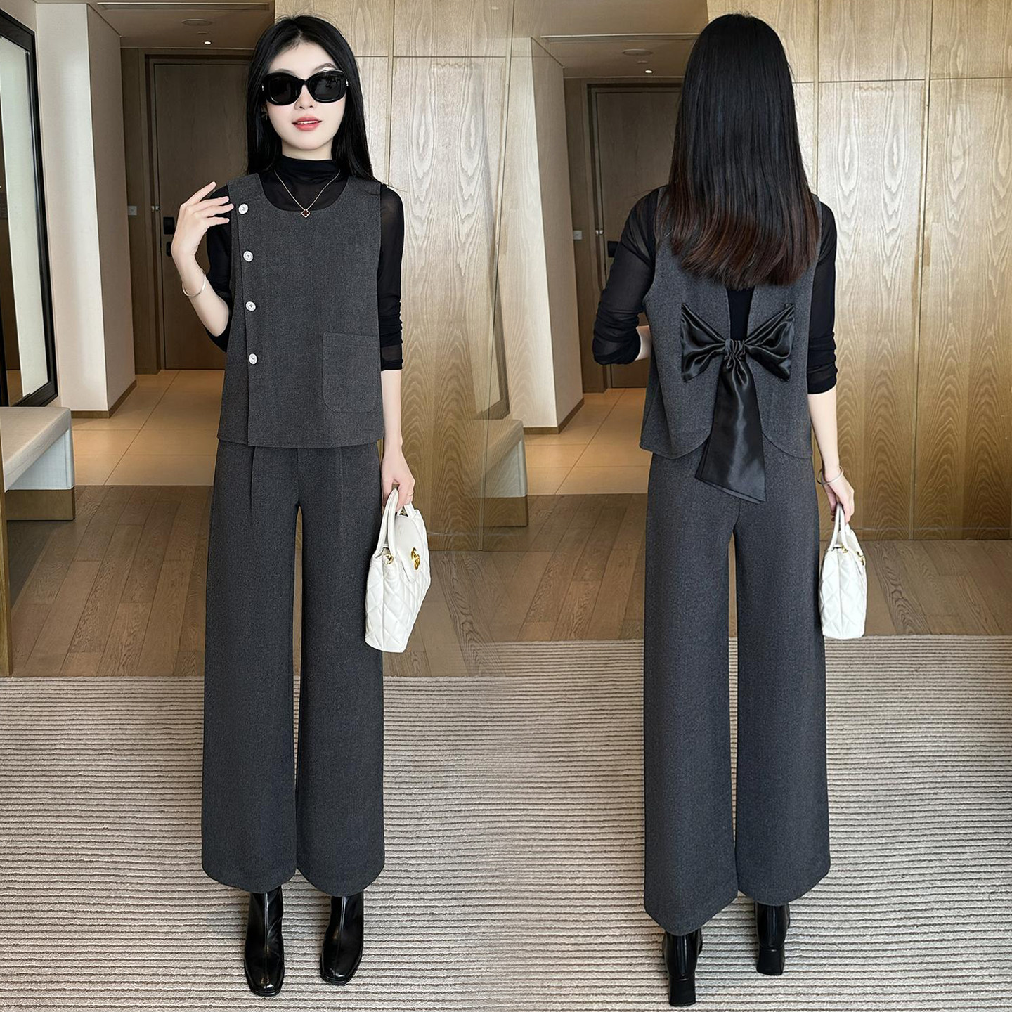 时尚法式毛呢套装女士春秋新款洋气质设计感韩版马甲阔腿裤三件套,女装/女士精品,时尚套装,淘宝优惠券,粉丝福利购,淘宝优惠卷