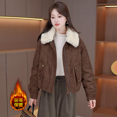 时尚休闲加绒保暖麂皮绒外套女秋冬季新款洋气百搭减龄棉衣服上衣