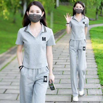 休闲运动服套装女夏季新款时尚洋气小个子POLO领短袖直筒裤两件套