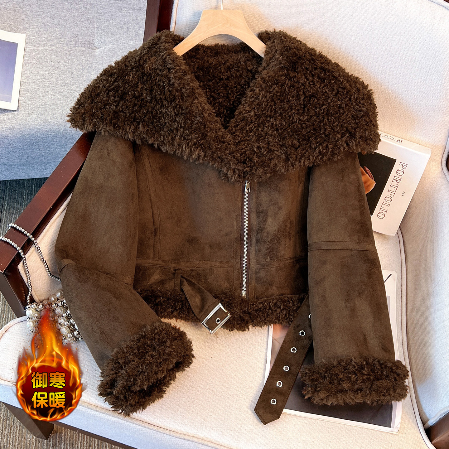 加绒加厚皮毛一体小个子外套女士冬季新款时髦洋气短款麂皮绒上衣