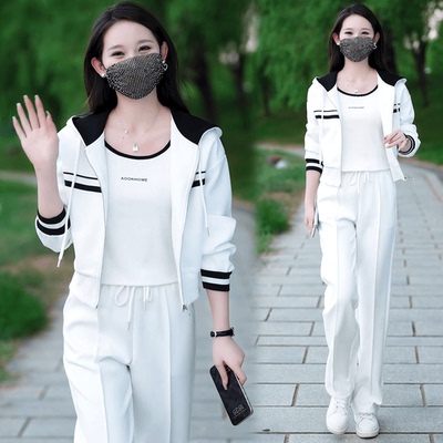 休闲连帽卫衣开衫外套阔腿裤两件套女秋季新款洋气时尚运动服套装