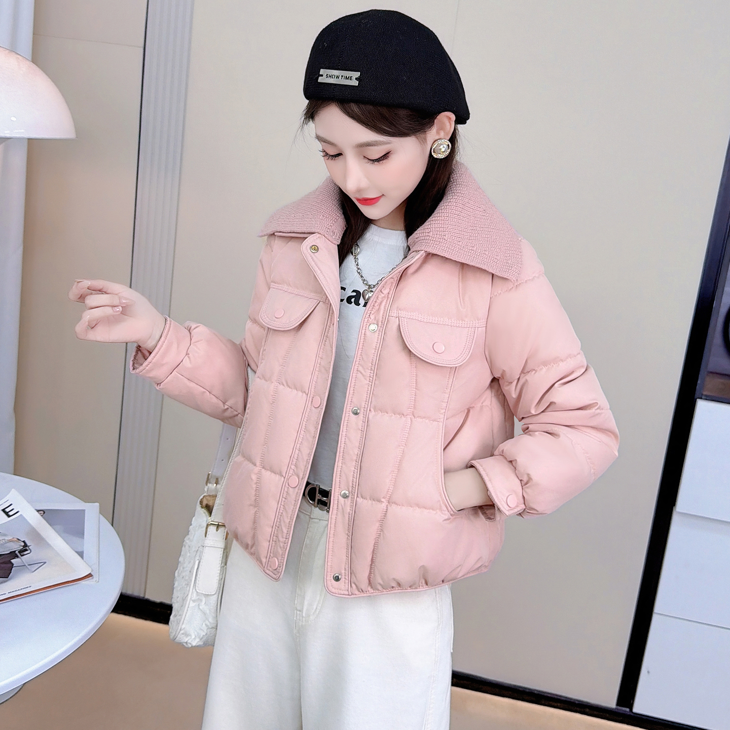 时尚洋气翻领加厚羽绒棉服外套女2025冬季新款韩版拼接小个子棉衣