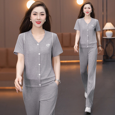 休闲运动服套装女2025夏季新款时尚冰丝V领短袖薄款直筒裤两件套