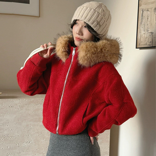 宽松休闲毛呢料羽绒服女冬季新款时尚洋气保暖大毛领连帽短款外套