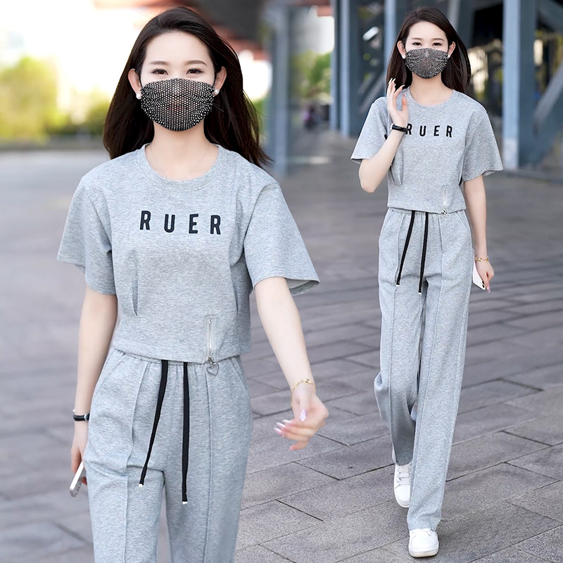 宽松休闲运动服套装女夏季新款时尚小个子短款短袖直筒长裤两件套