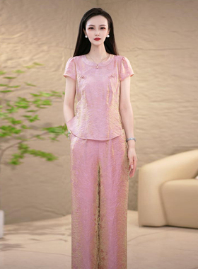 新中式国风短袖上衣阔腿裤两件套女2025夏季新款时尚百搭气质套装