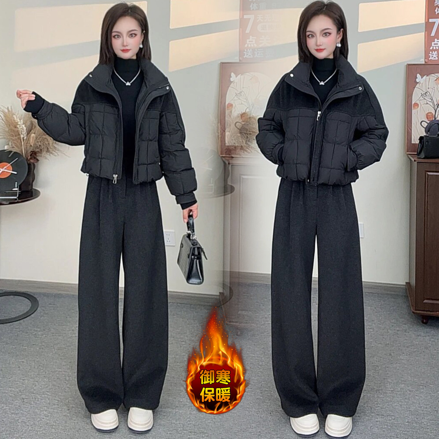 宽松休闲设计感拼接棉服外套阔腿裤两件套女冬季新款时尚保暖套装