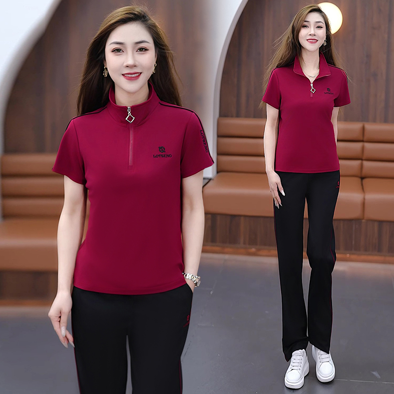 时尚休闲运动服套装跑步服女士夏季新款宽松减龄短袖直筒裤两件套