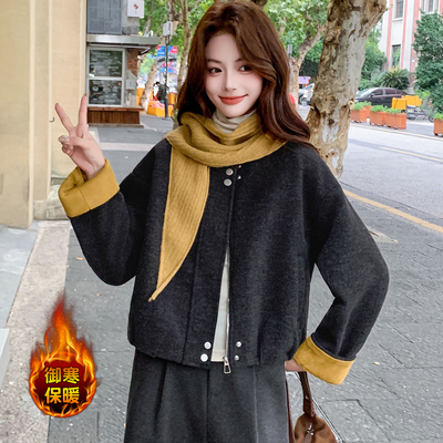 时尚韩版圆领夹棉外套女秋冬新款洋气质百搭短款小个子毛呢料棉衣