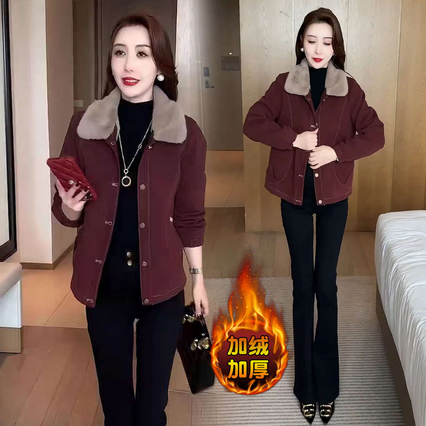 休闲短款加绒外套女2025秋冬季时尚洋气加厚保暖毛领工装开衫上衣,女装/女士精品,短外套,淘宝优惠券,粉丝福利购,淘宝优惠卷