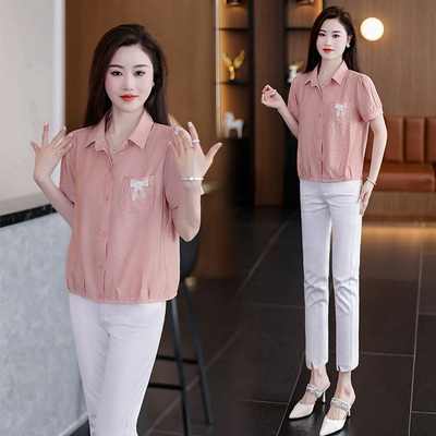 时尚休闲短袖衬衫女2025夏季新款小个子宽松显瘦百搭短款衬衣小衫
