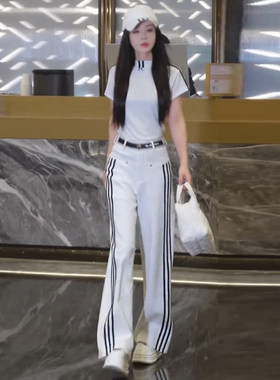 时尚休闲套装女夏季新款洋气质修身显瘦短袖T恤牛仔阔腿裤两件套