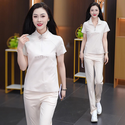 2025夏季新款时尚休闲套装女洋气质立领杏色短袖直筒裤运动两件套