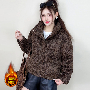 休闲加厚保暖豹纹短款棉服外套女士冬季新款时尚洋气宽松韩版棉衣