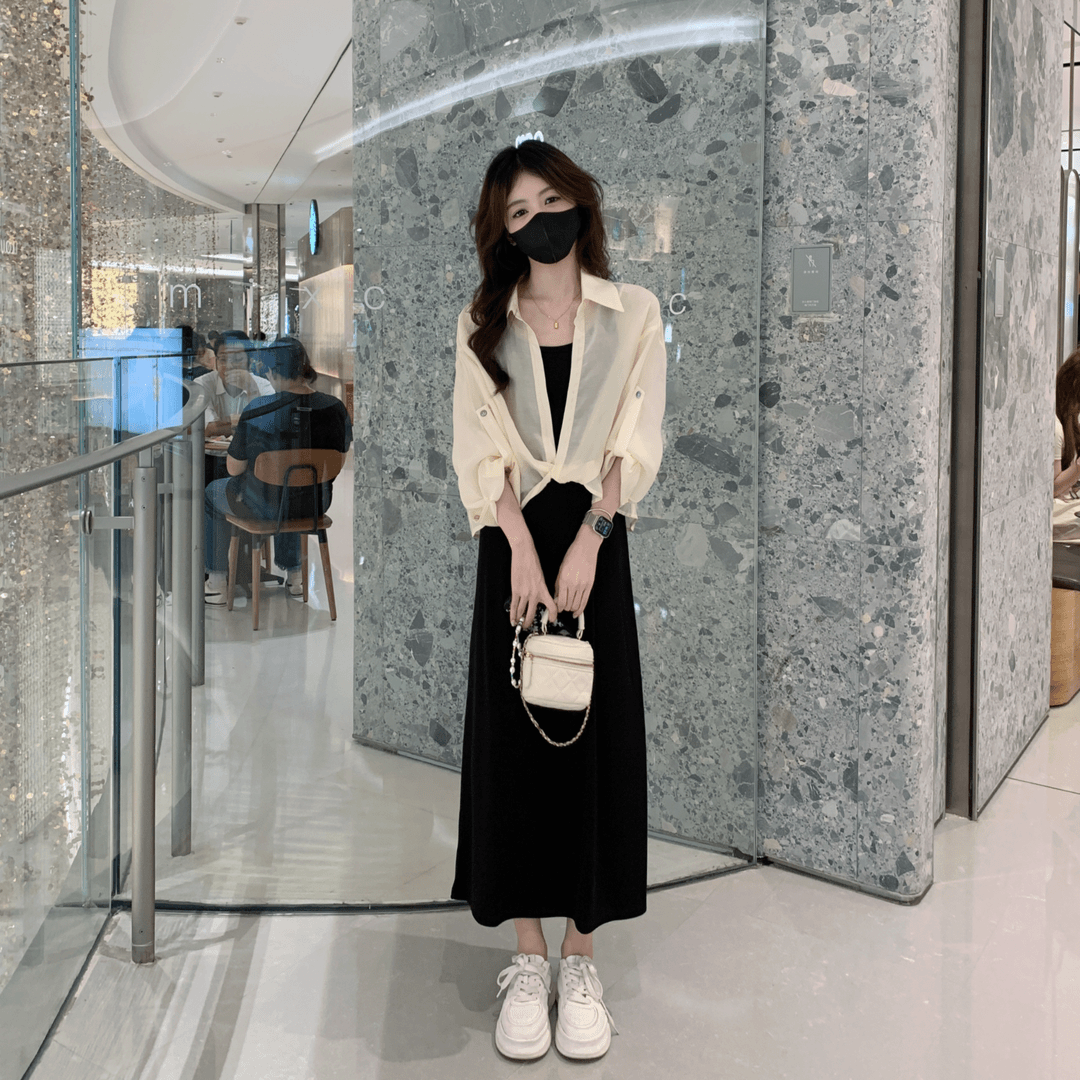 夏季2024短款长袖防晒衬衫吊带连衣裙两件套女气质洋气时髦套装裙