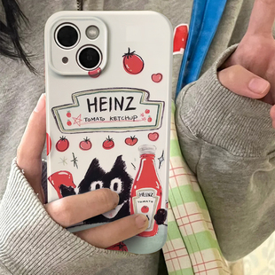 黑色可爱猫咪请你喝饮料卡通菲林复古手机壳适用苹果15iphone14小米14华为mate60荣耀80vivox100opporeno11潮