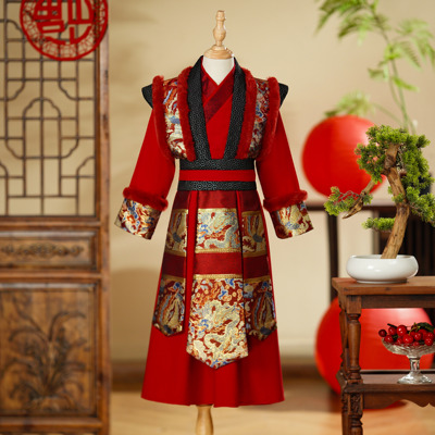 汉服男童冬季2025新款冬装儿童国风飞鱼服过年帅气加绒加厚演出服