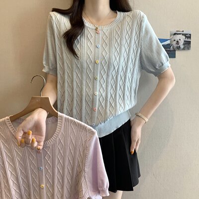 夏款大码女装韩版纯色钩花圆领彩色扣短袖针织衫胖MMt恤时尚百搭